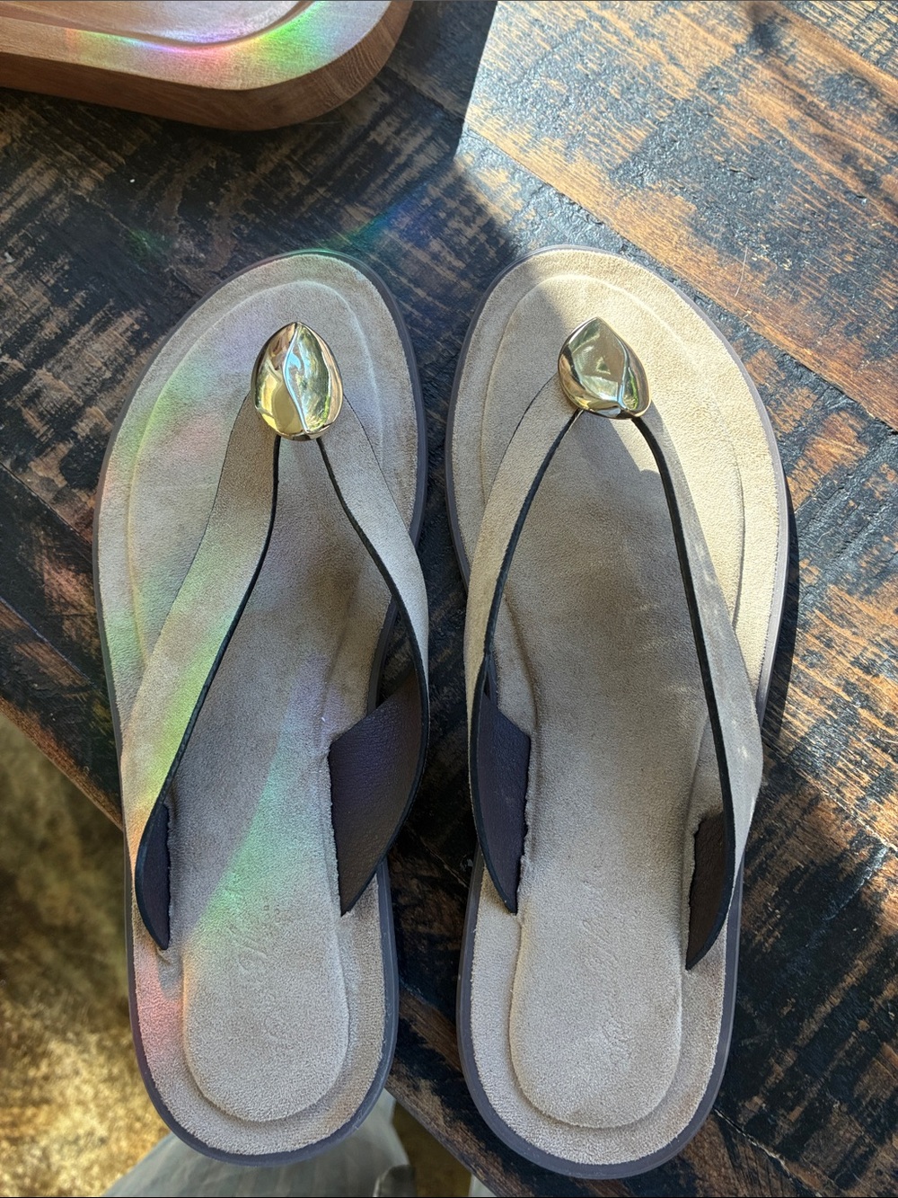 Never worn Universal Thread Taupe Suede Flip Flop Sandals with Gold Accent